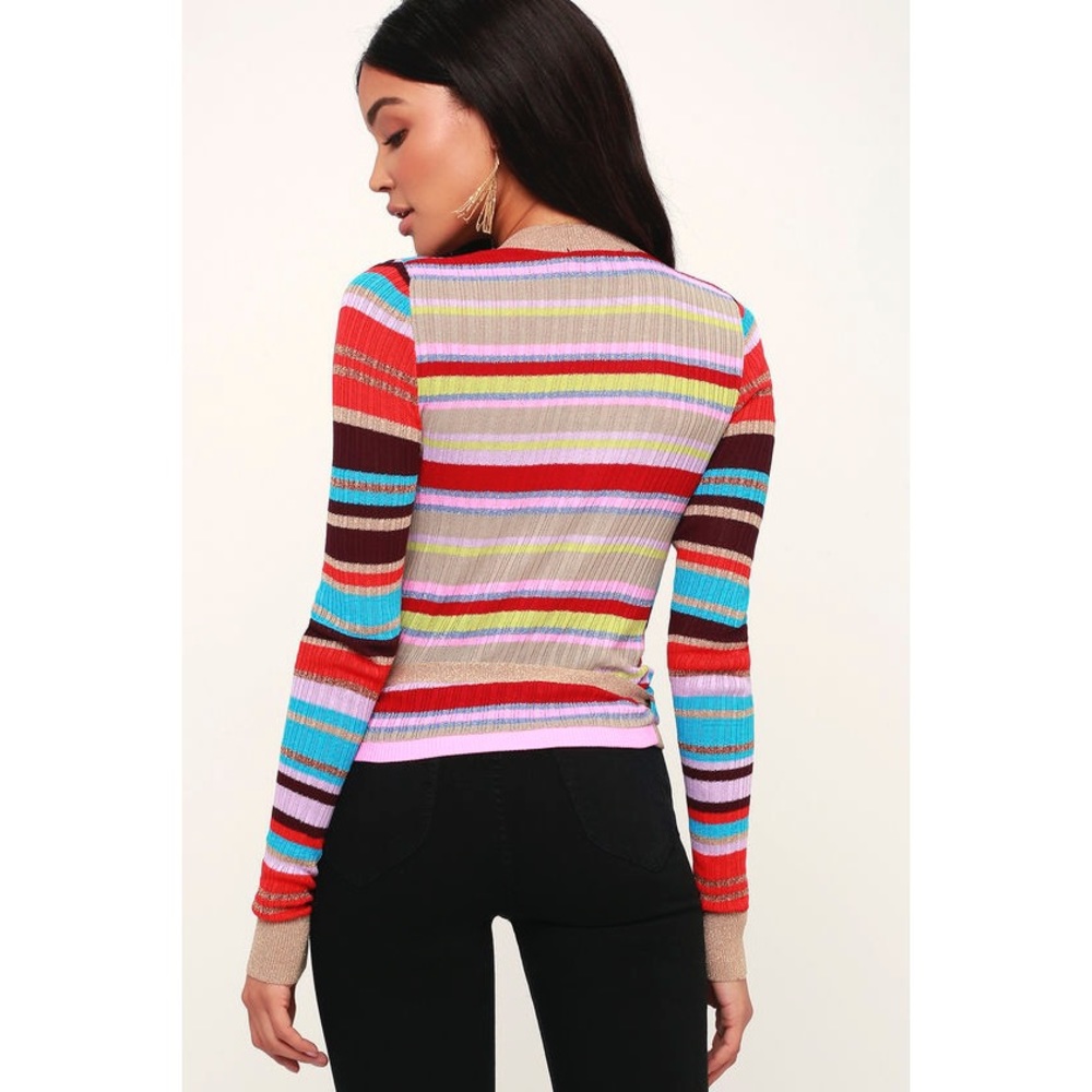 Red Multi Striped Wrap Long Sleeve Sweater Top - Picture 2 of 4
